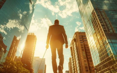 Businessman in a suit playing golf in the city