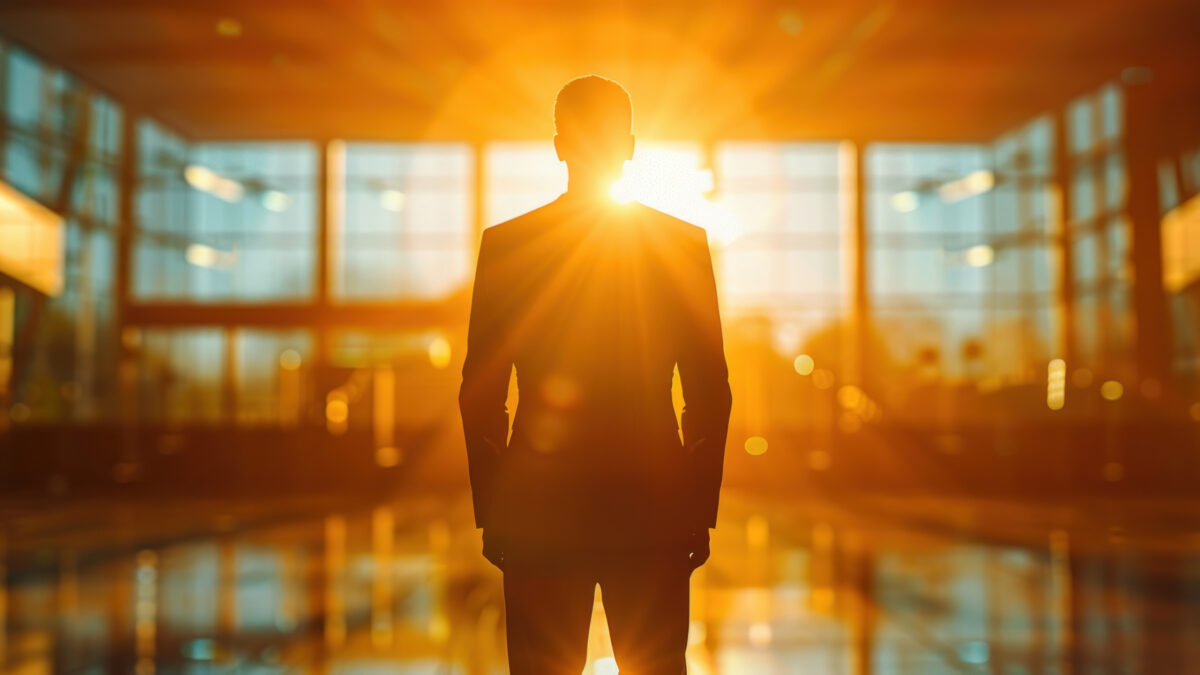 Silhouette of a man standing in a bright hallway