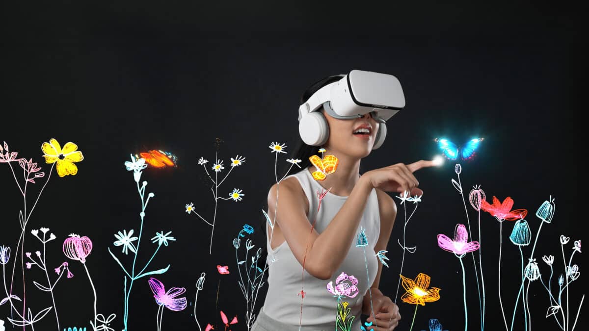 Woman in VR around flowers trying to touch butterfly hallucination