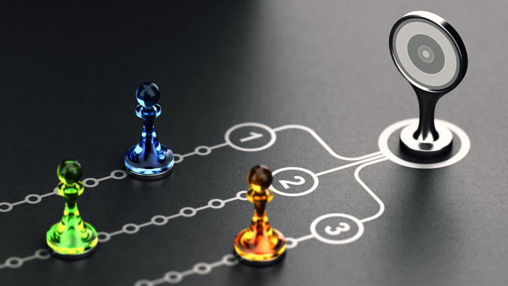 3d illustration of glass pawns over black background concept of objective and key results