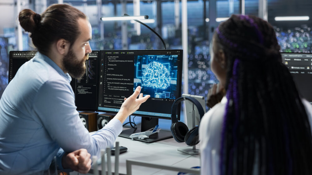 Data center programmers collaborating working on neural networks AI databases