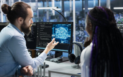 Data center programmers collaborating working on neural networks AI databases