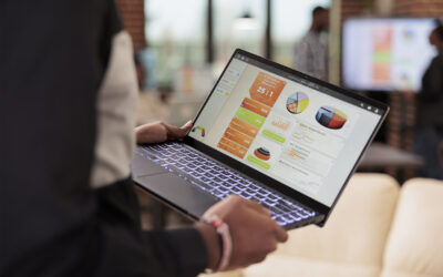 Employee holding laptop with business diagrams in company office