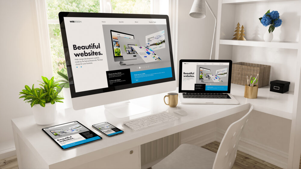 Home office desktop computer showing web design creator 3d rendering