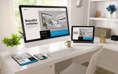 Home office desktop computer showing web design creator 3d rendering
