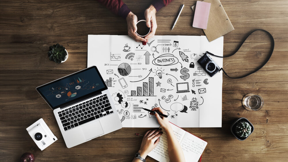 Marketing strategy on wooden table