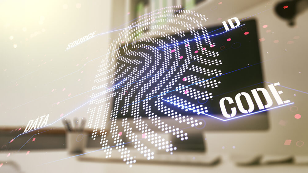Multi exposure of abstract fingerprint scan interface and modern desk with computer on background digital access concept