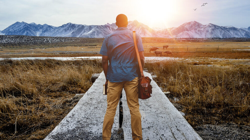 Shallow focus from behind of a male standing on a pathway in the middle of a grassy field, looking at far mountains