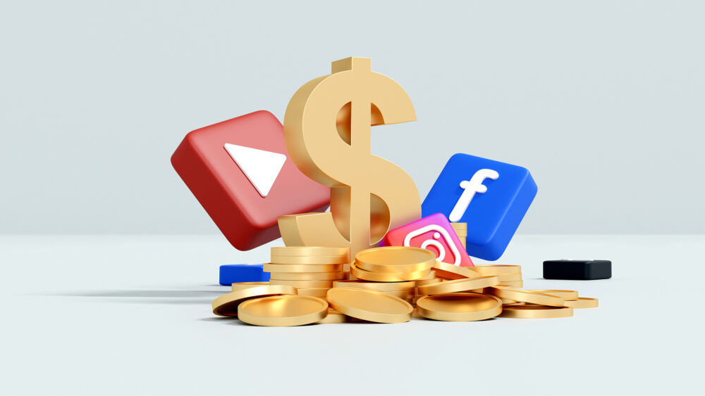 Social media advertising concept with dollar symbol and gold coins
